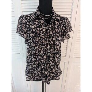 CHAPS 1978 Top Womens L Black Pink Ruffled Floral Flutter Sleeve Chiffon Blouse